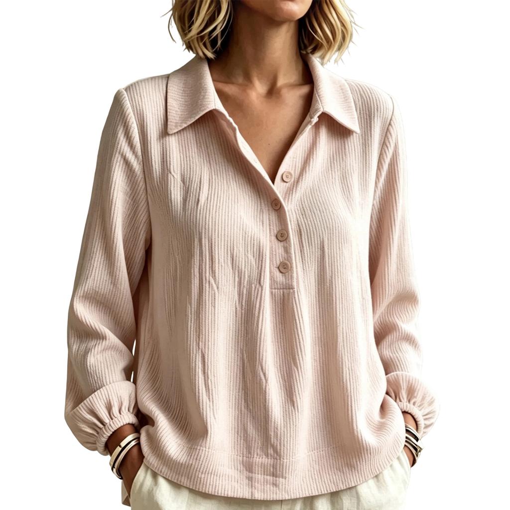 Women's Casual Long Sleeve Buttoned V-Neck Loose Fit Pullover Top for Daily Wear