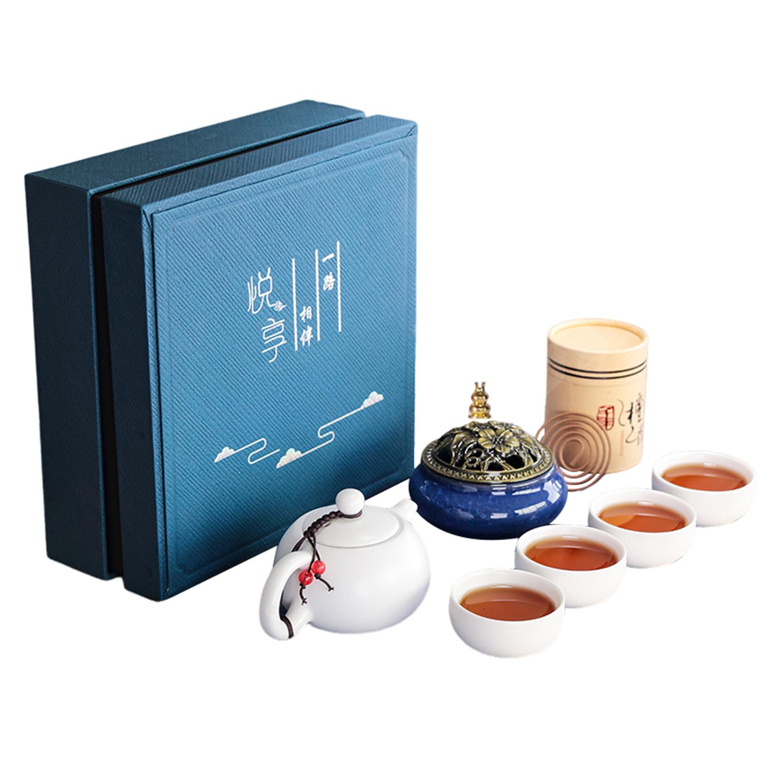 Porcelain Tea Set With Incense-Burner Holder Exquisite Household Teaware Collection For Office Desk Display