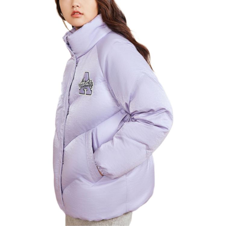 Anta Pattern Printed Zipper Thickened Warm Letter Solid Color Polo Collar Down Jacket Women outerwear Fresh-Purple 162248903-4