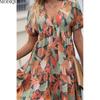 MODIQUE 2025 Sommer Plus Size Neue Damen Sexy Casual Blumendruck Kurzes Kleid Damen X-Linie Heißes Kleid mit V-Ausschnitt