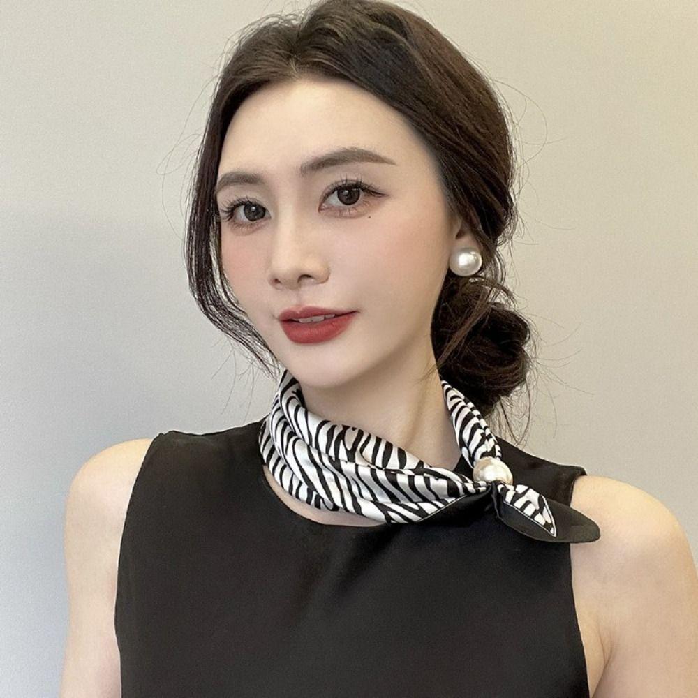 Flower Polka Dot Scarf Black White Stripe Printed Silk Scarf Pearl Magnetic Buckle Scarf Beach