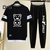 2Pcs/Set Men Casual Sportwear O-Neck Short Sleeve Bear Pattern T-shirt Elastic Waist Sweatpants Set Loose Fit Sports Wear