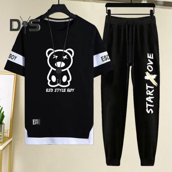 2Pcs/Set Men Casual Sportwear O-Neck Short Sleeve Bear Pattern T-shirt Elastic Waist Sweatpants Set Loose Fit Sports Wear