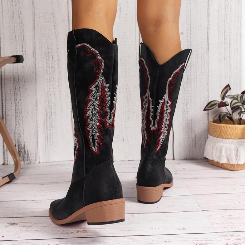 Übergröße bestickte High-Top Kniehohe Mode Stiefel Herbst und Winter Blockabsätze und runde Zehen vielseitige Damenstiefel