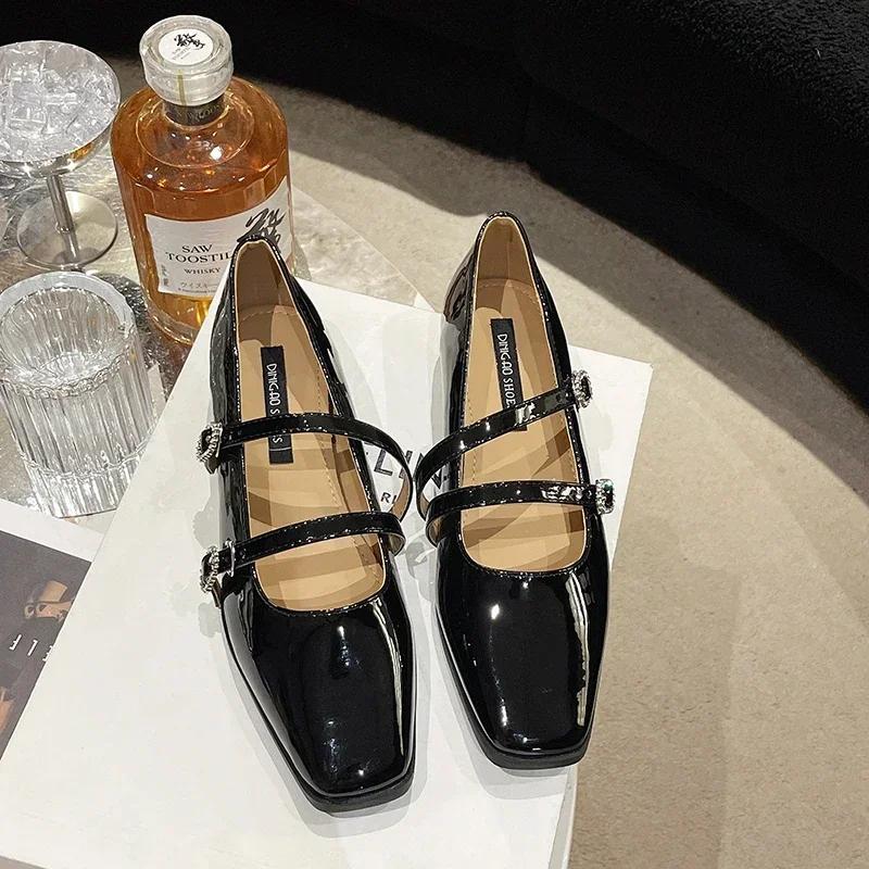 Spring Autumn Silver French Square Toe Women's Shoes Elegant Double Buckle Strap Mary Jane Shallow Shoe Retro Pumps
