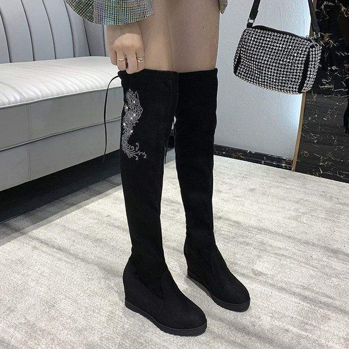 Boots Women's inner knee height increase 2025 autumn and winter new flat-bottomed boots Skinny elastic cloth boots Fleece boots