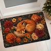 Retro Autumn Flowers Sleeping Fox Flannel Rug Home Entrance Door Mat Non-Slip Foot Mat Bedroom Door Absorbent Dust Pad 1pc