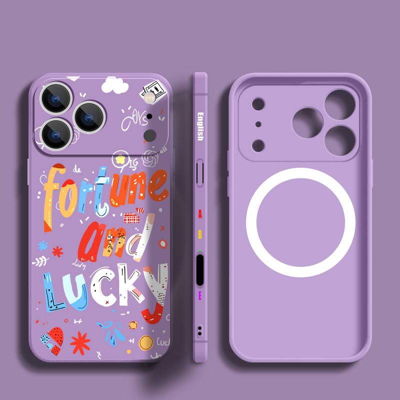 Magnetic For Magsafe Case For iPhone 17 Pro Max Colorful Lucky Letter Print Soft Silicone Phone Back Cover For iPhone 16 15 14 13 Pro Max 16e 17e