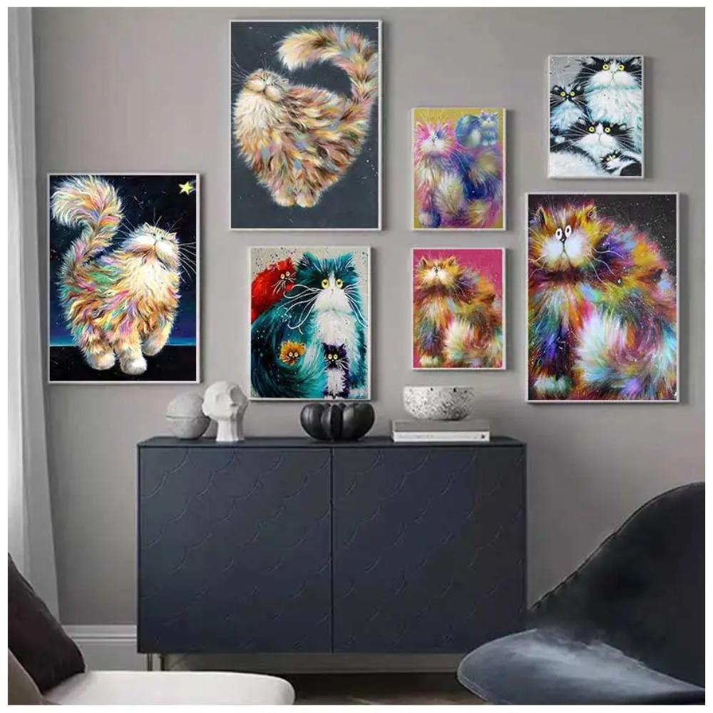 Abstract Longhair Cat Oil Painting On Canvas Cute Kitty Posters and Prints Animal Wall Art Pictures for Living Room Home Decor