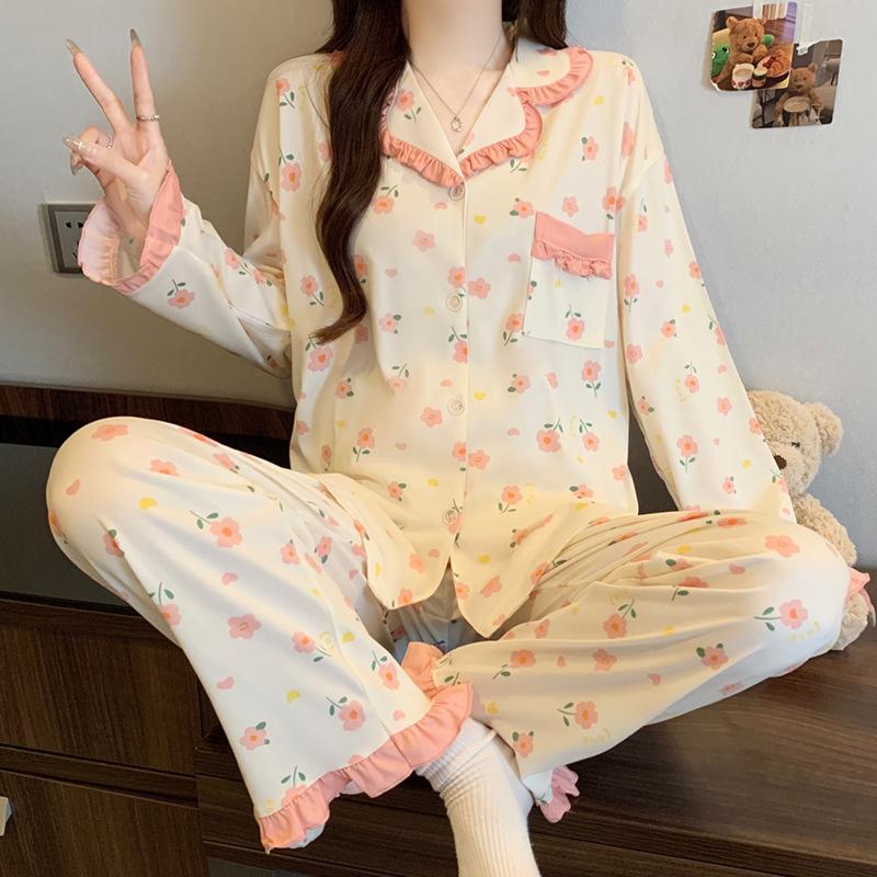 Sweet Lace Pajamas Women's Spring and Autumn New Flowers Full of Imitation Cotton Long Sleeves Can Be Worn Outside Loungewear Suit