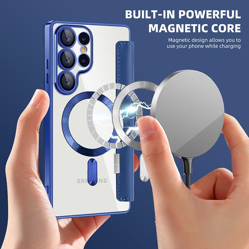 For Magsafe Magnetic Luxury Solid Color Leather Flip Wallet Card Slot Phone Case For Samsung S25 Ultra S23 S22 S24 Ultra Plus