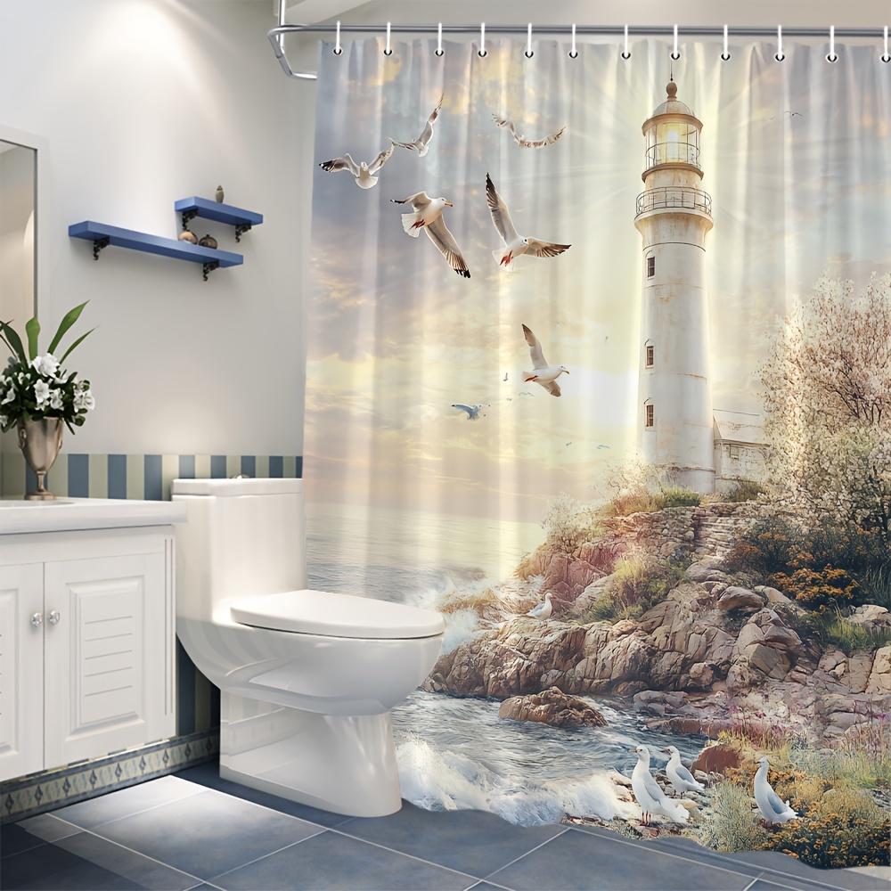 Nautical Lighthouse Shower Curtain - Seagulls, Pigeons, Flowers, Coastal Decor, Polyester, Hand Wash, Marine & Garden Style