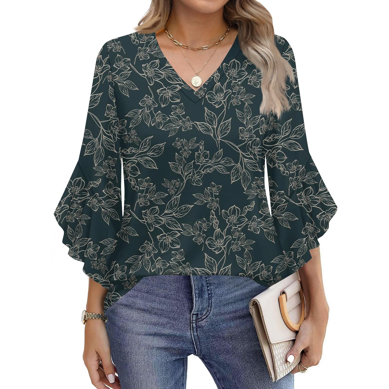 

Blouses For Women Dressy Casual 3/4 Length Sleeve Womens Tops V Neck Tshirts Shirts With Flared Sleeve M