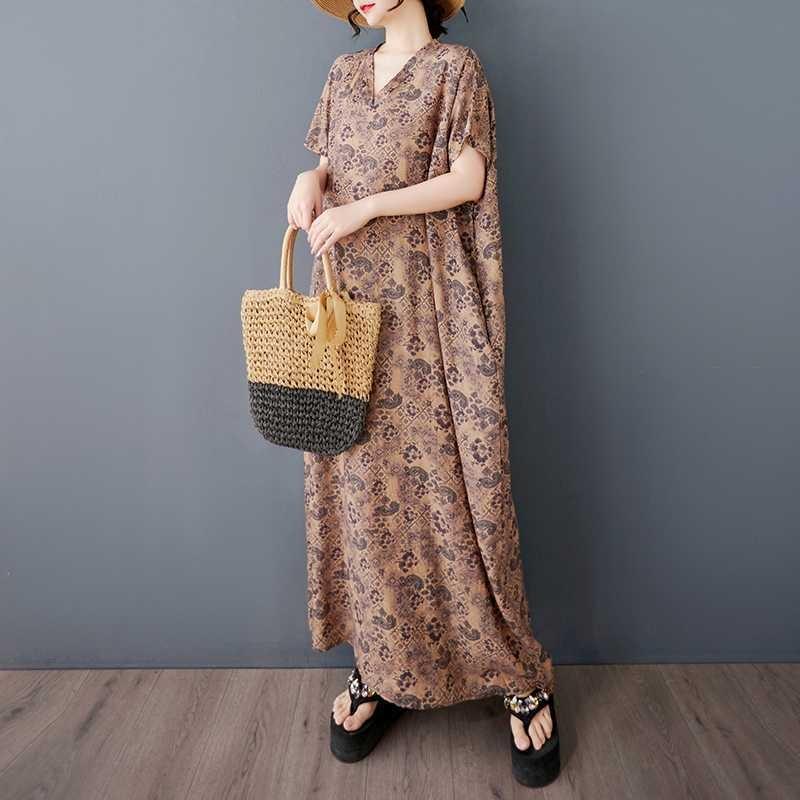 Large Size Floral Dress, Retro Long Robe for Ladies