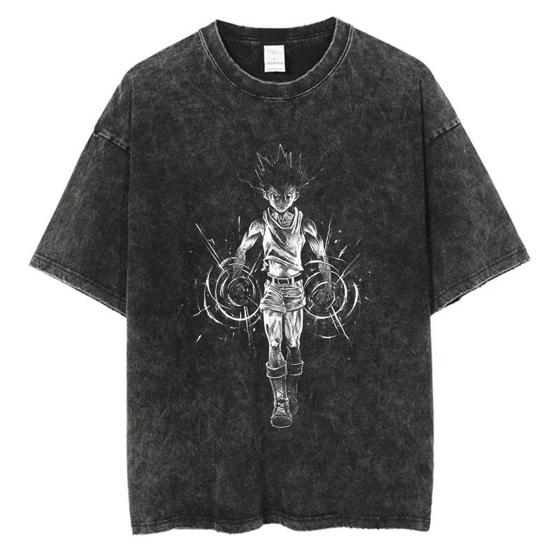Hip Hop Retro Washed T-Shirt Streetwear Anime Hunter X Hunter Print Graphic T Shirt 100% Cotton Unisex Tshirt Men Tops