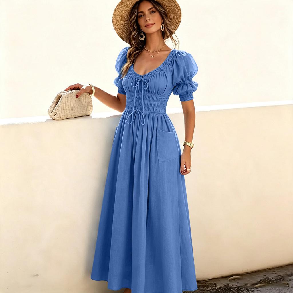Women's Round Neck Long Dress with Puffy Sleeves and Self-Tie Waist