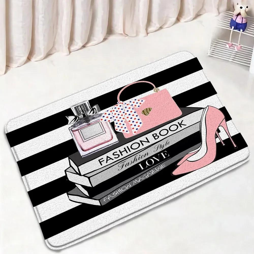 Pink Perfume Bath Mat Set Black White Striped Fashion High Heel Woman Girl Home Carpet Bathroom Decor Non-slip Rug Toilet Cover