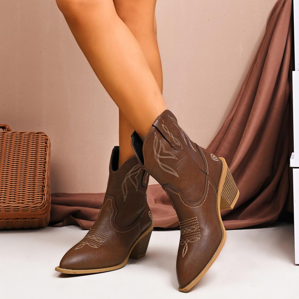 Women's Chunky Heel Pointed Toe Platform Slip Mid Heel Embroidered Denim Fashion Ankle Boots Leather Booties Women Boots