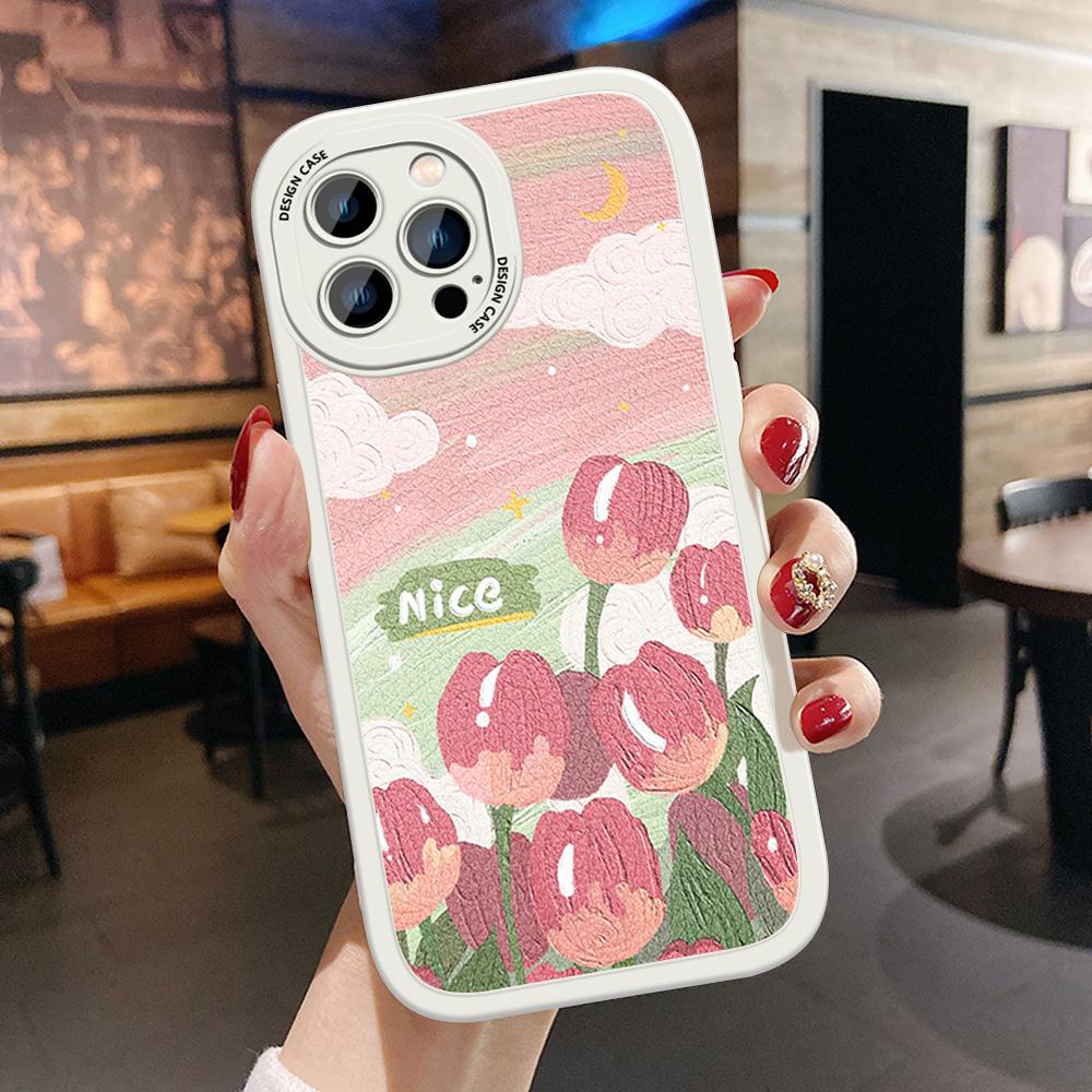 Slim Skin Feeling Cartoon Pink Flowers Soft Silicone PU Leather Cover Phone Case for iPhone Samsung Huawei Honor Xiaomi Redmi OPPO Realme Vivo