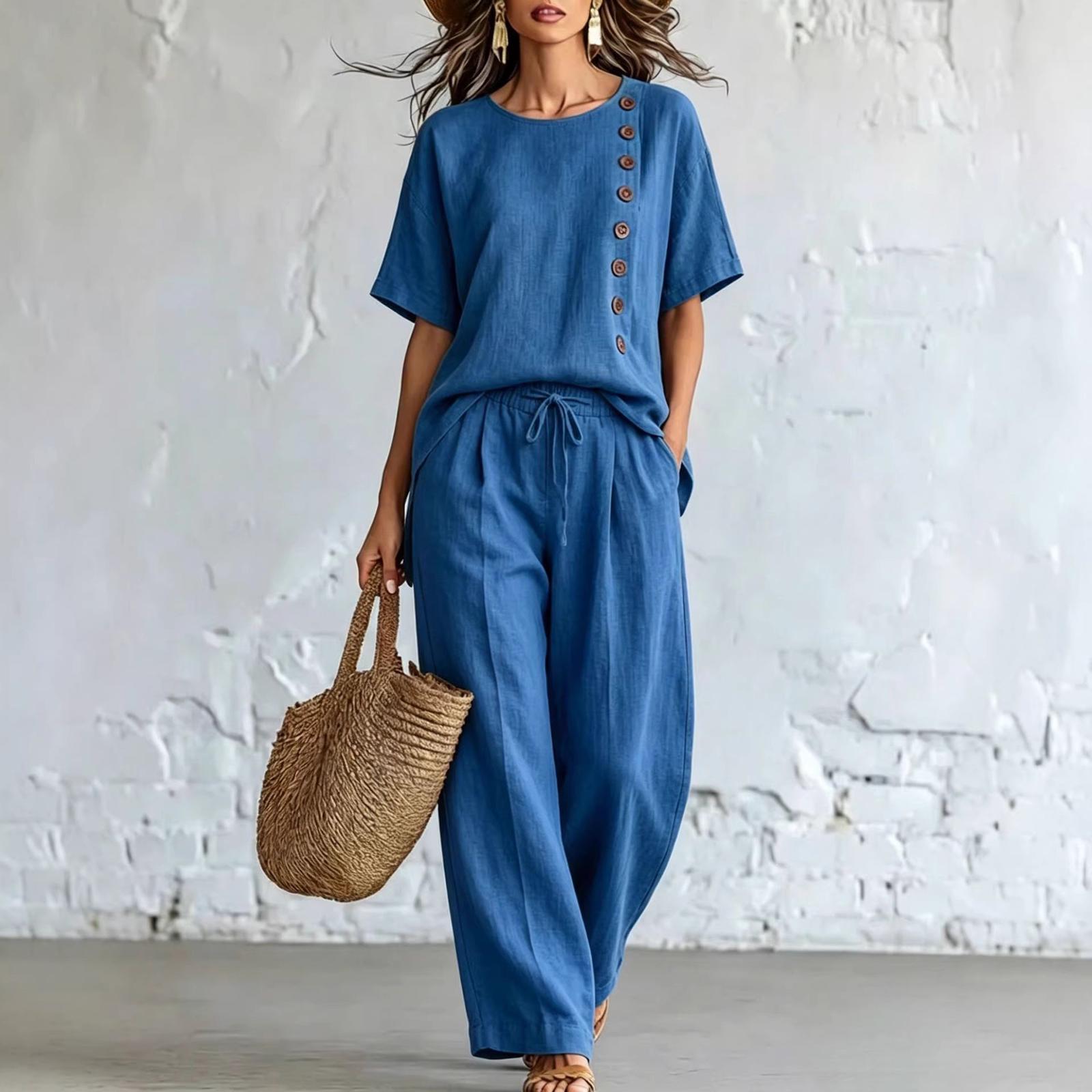 

Women s Fashion Round Neck Short Sleeved Top With Elastic Waist, Casual Loose Wide Leg Pants Two-piece Set L темно-синий