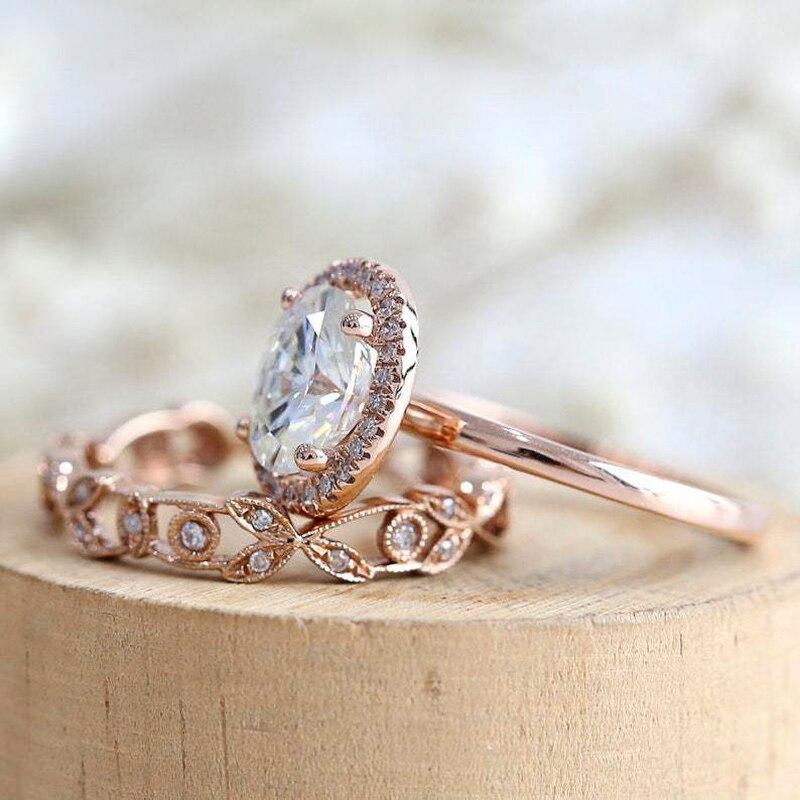 Sale Ladies Fashion 2pcs /Set Rose Gold Color Oval Zircon Inlaid Crystal Ring For Wedding Jewelry Whole Sale