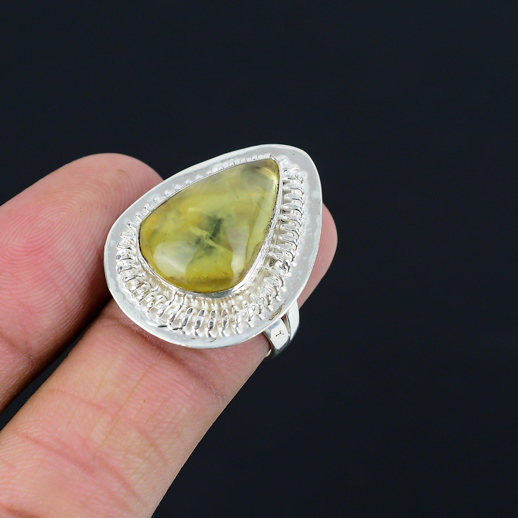 925 Silver Pear Moss Prehnite Stone Sister Boho Handmade New Ring Jewelry Size 8 8