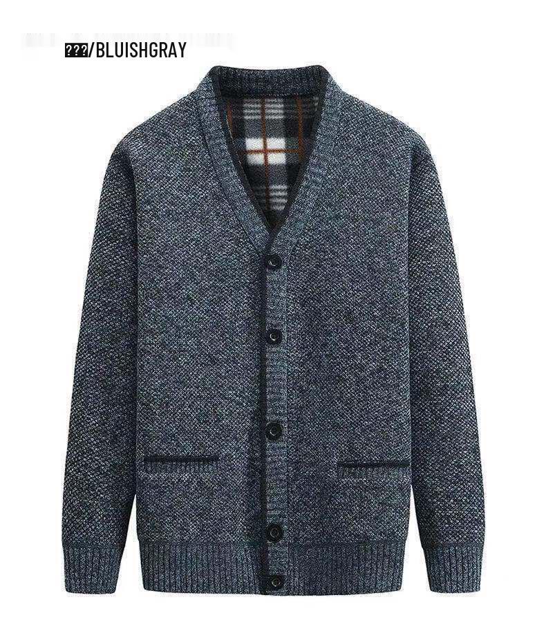 Men's Winter Thickened V-Neck Plus Velvet Sweater Cardigan for Middle-Aged & Elderly