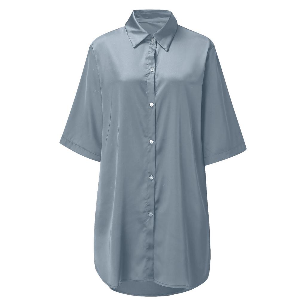 European & American Women's Silky Shirt: Solid Color, Sexy, Smooth Pajamas, and Comfortable Home or Outerwear.