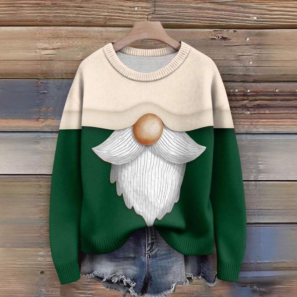 Long Sleeve Pullover Sweaters For Women O Neck Casual Cute Printing Knit Oversized Sweater