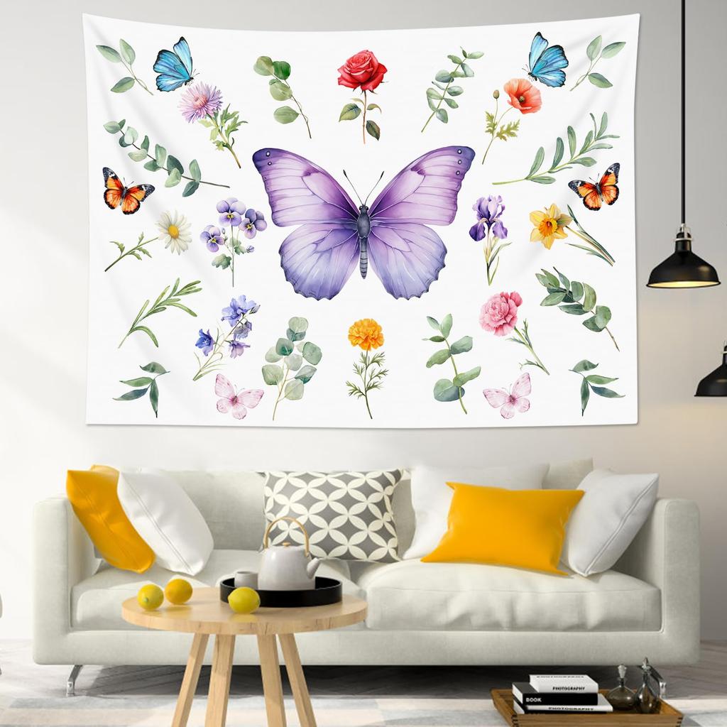 Butterfly Plant Tapestry for Bedroom, Girly Floral Blue Wall Tapestry, Leaf and Flower Botanical Tapestries Wall Hanging for