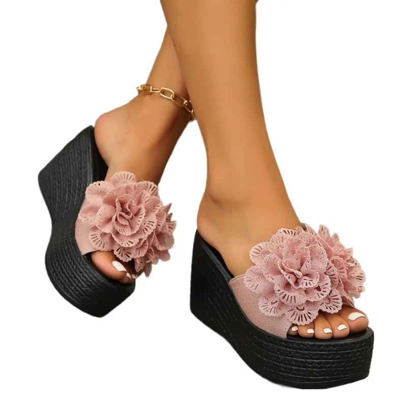 Fashion 2025 Plus Size Ladies Shoes Open Toe Women's Slippers Platform Casual Slippers Women Floral Round Toe Super High Wedges Sandal