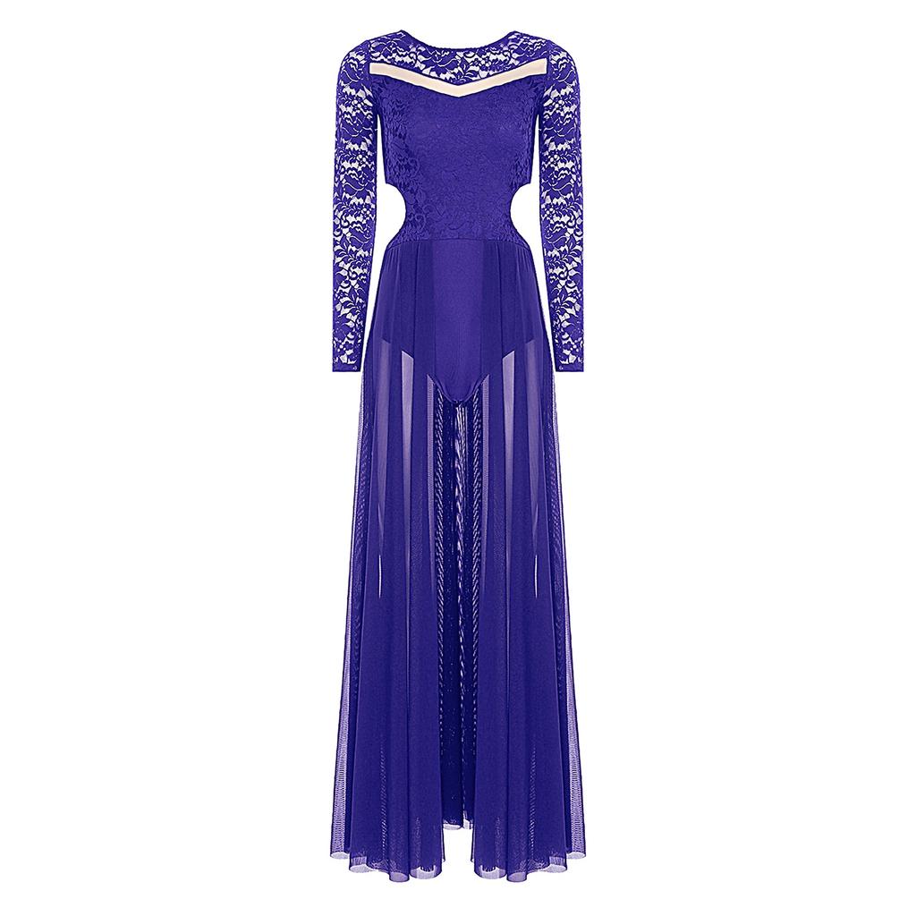 Damen Patchwork Floral Spitze Lyrisches Tanzkleid Langarm Taille Seiten Ausgeschnitten Rückenfrei Fließendes Netz Performance-Kleid