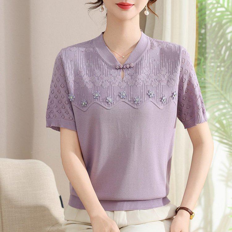 Chic Knitted Short Sleeve Summer Top for Women - Age-Defying Fashion for Middle-Aged and Elderly