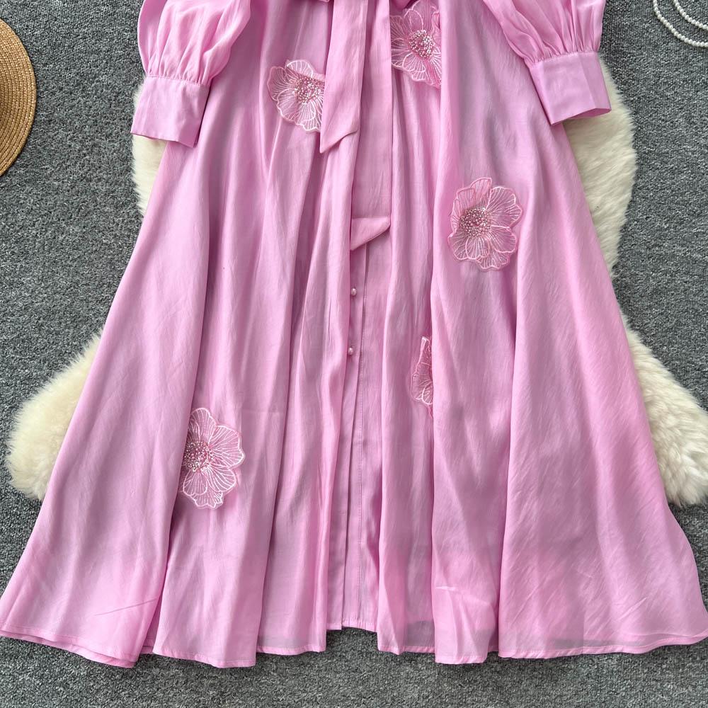 Chic Vintage Three-dimensional Single Breasted Slim Elegant Fairy Korean Fashion Boho Women Clothing Long Dress