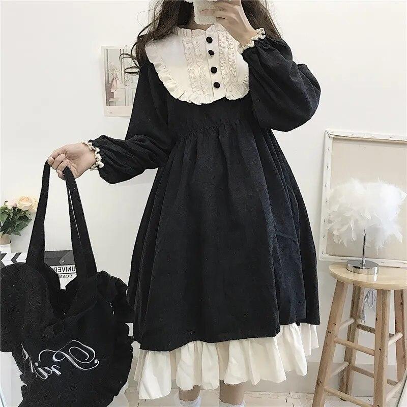 Japanische Lolita-Stil Damenkleider Frühling Herbst Hohe Taille Abnehmen Rüschen Süßes Kleid Kawaii Kleidung
