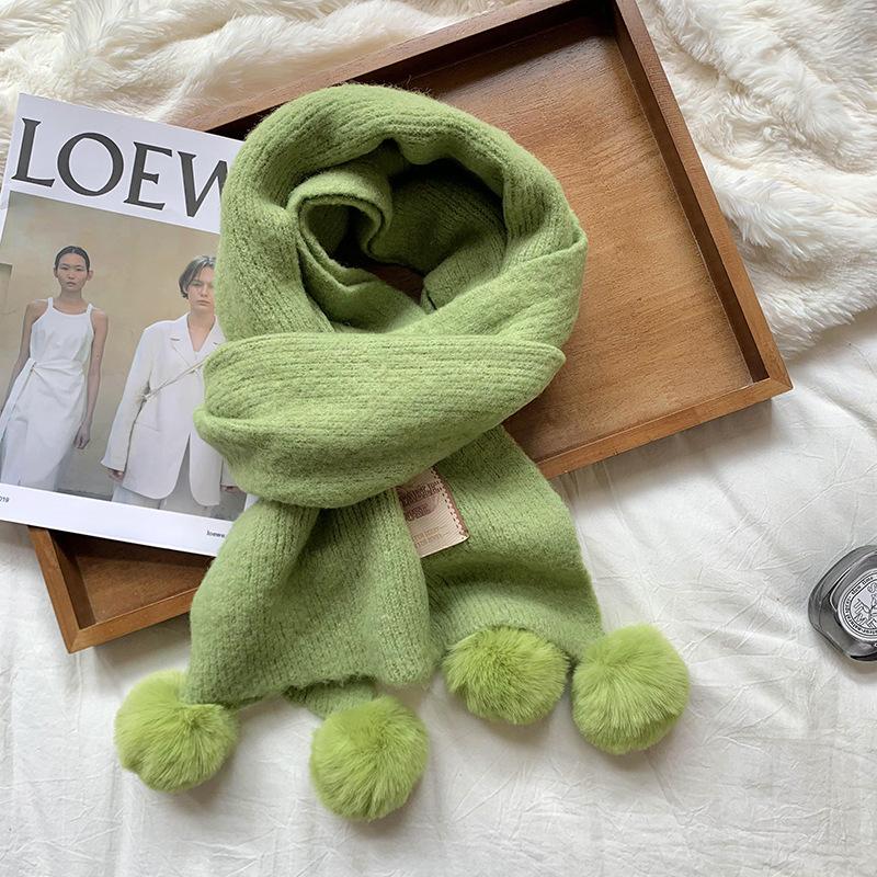 

Scarf New Christmas Scarf Wool Knitted Gentle Wind Imitation Cashmere Scarf with Hairball зелёный