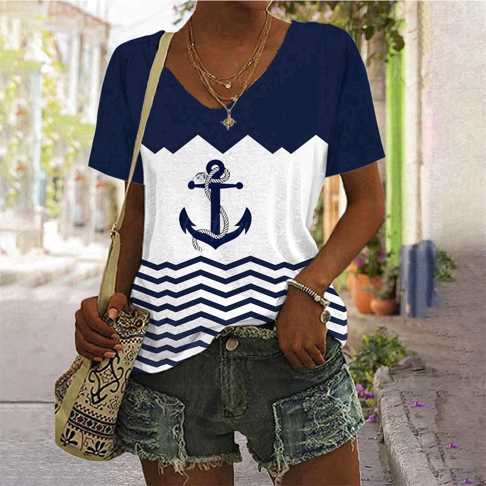 

Летние футболки больших размеров с принтом якоря, женская одежда, V-образный вырез, женская мода, стиль больших размеров, футболка для женщин XL