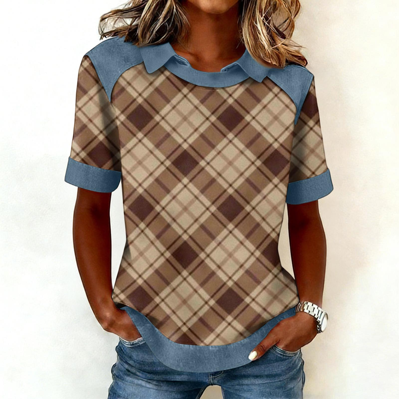 

Женская модная ковбойская толстовка с воротником и вставками, повседневная толстовка с принтом, рубашка с коротким рукавом, топ M коричневый