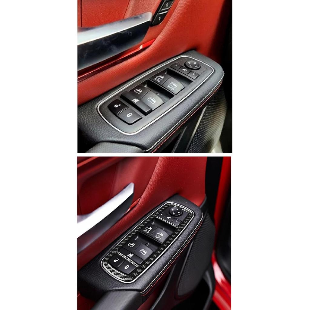 4pcs Carbon Fiber Car Window Lift Switch Cover Stickers Compatible with Dodge RAM 1500/2500/3500 2019-2023 Crew Cab, Door Glass Control Panel Trim