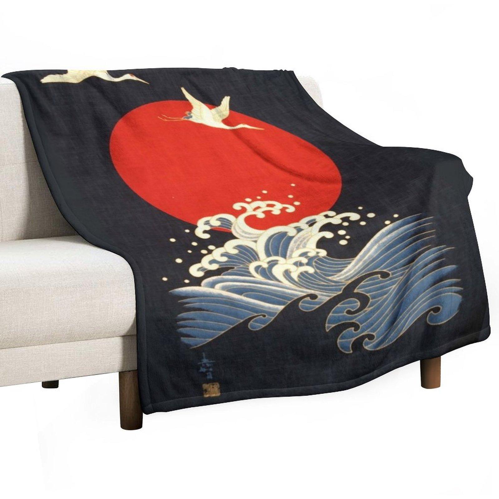 RED SUN ,FLYING CRANES AND SEA WAVES IN BLACK Throw Blanket Fashion Sofas wednesday sofa bed Thin Blankets 30x40in