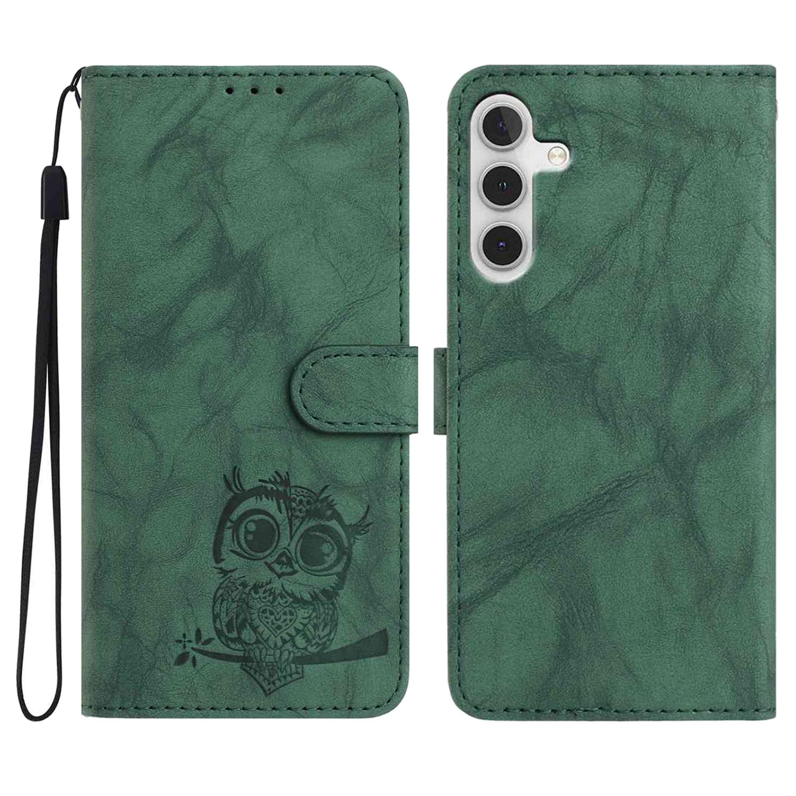 

For Samsung Galaxy S25 FE Case Owl Imprinted PU Leather Wallet Phone Cover with Wrist Strap Green
