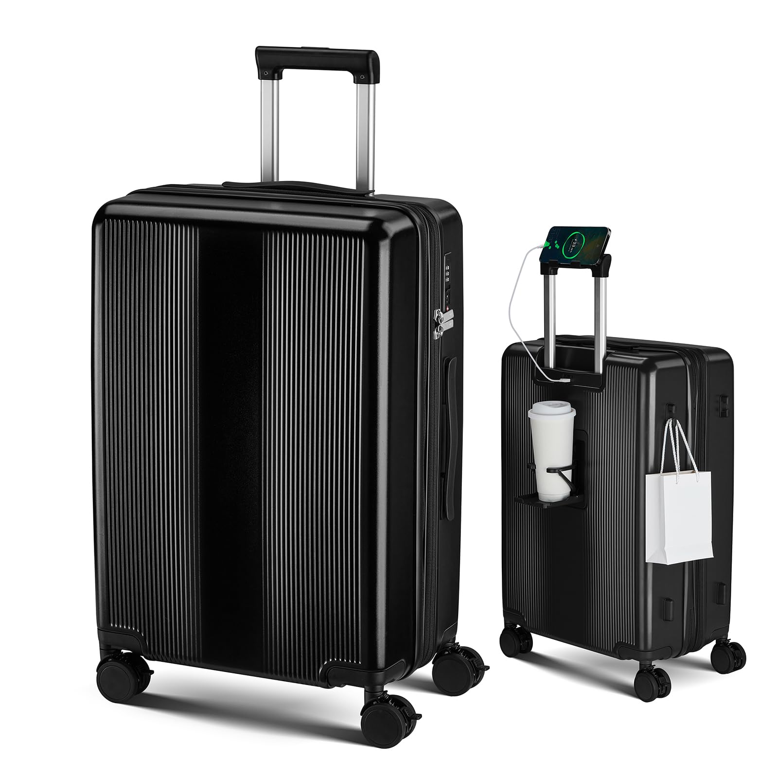 

Чемодан Soolom с расширяемым большим кодовым замком TSA, USB для телефона, подстаканником, скрытым двойным слоем из чистого ПК, популярный и стильный для бизнеса, школы, для ночевки и чёрный