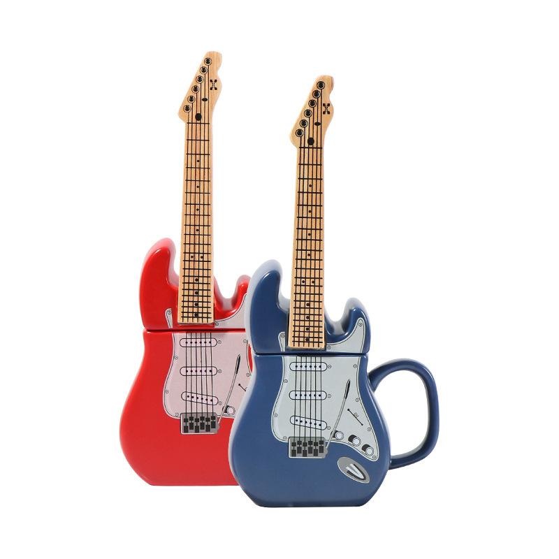 Electric Guitar Shaped Ceramic Mug with Music Notes , 3D Novelty Coffee Cup for Music Lovers, Vibrant Red/Blue Design, Durable Gift for Musicians,