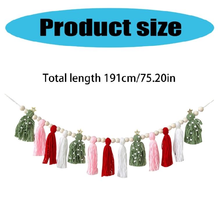 Christmas Garlands Decoration Cotton Tassels Garlands with Wood Beads Wall Hanging Bunting Banners Decors for Mantel