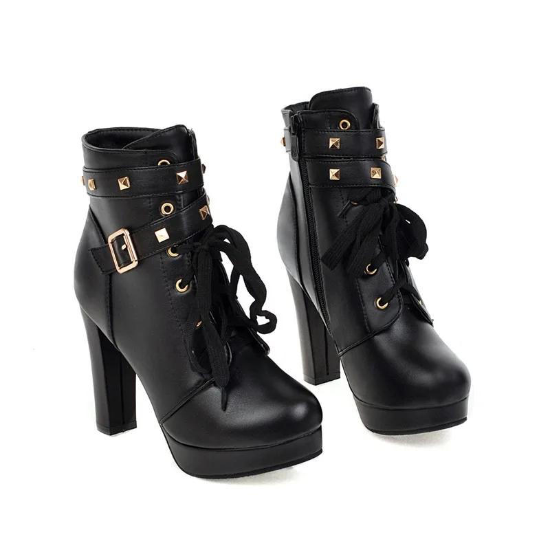 Модные экстремальные высокие каблуки ботильоны женские сапоги на платформе с шипами на каблуке короткие сапоги с пряжкой на молнии женские осенне-зимние розовые черные 43 34 чёрный 5868₽