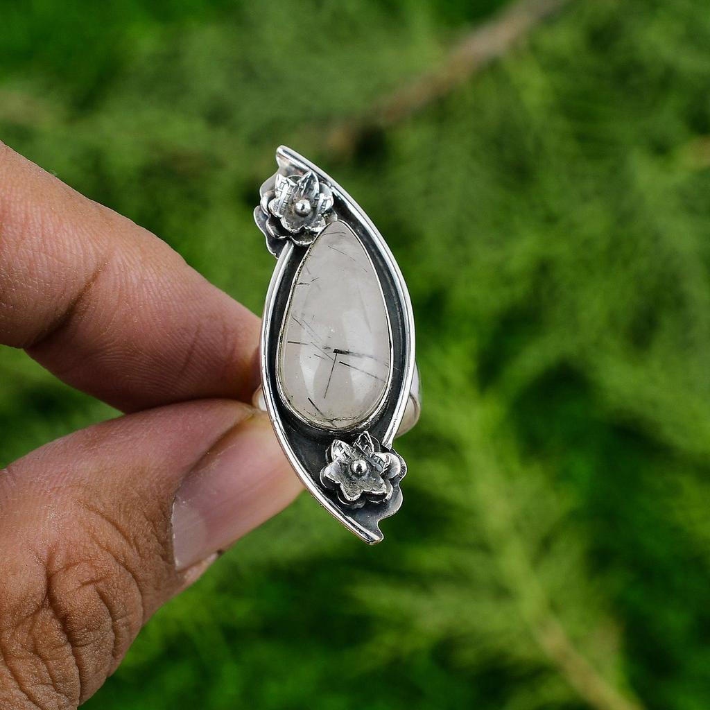 Natural Black Rutilated Quartz 925 Silver Flower Adjustable Ring For Girls