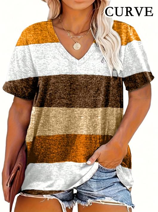 Plus Size 0XL-5XL Women's Fashion Striped Print V-Neck T-Shirt Casual Loose Short Sleeve Summer Tops