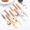 Japanese 304 Stainless Steel Cutlery Set with Wooden Handles: Knife, Fork, Spoon, Dessert Spoon, and Steak Knife for Western Cuisine and Hotel Use.