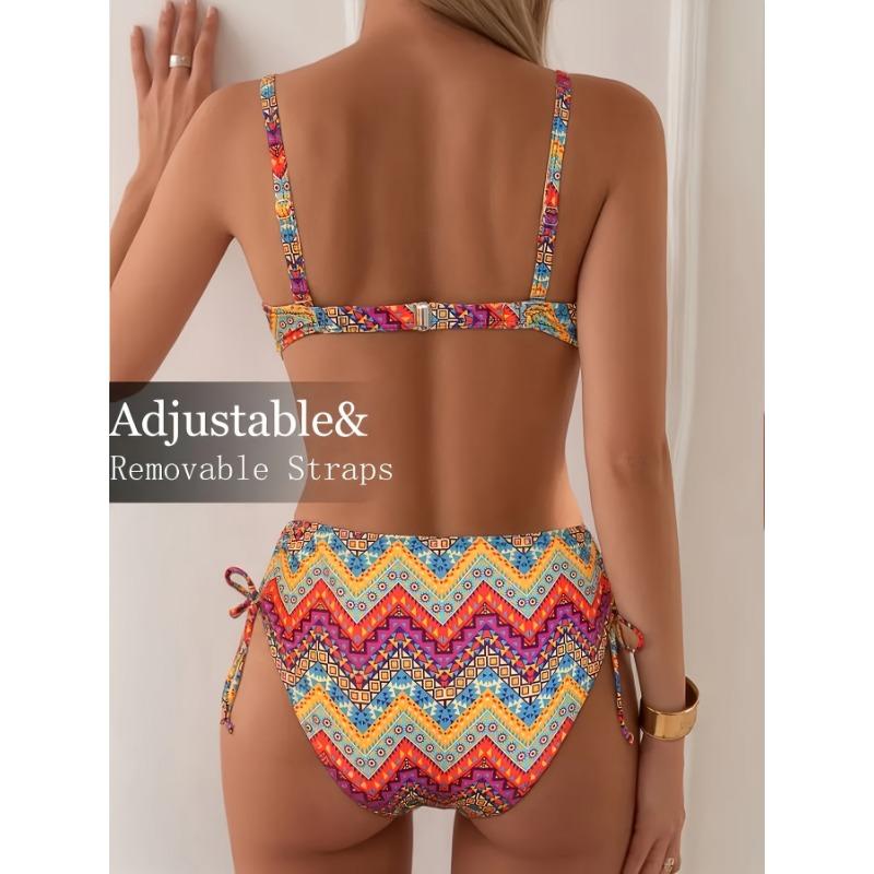 Women's Ethnic Print Two Piece Bikini Set - Side Tie High Waist Bathing Suit