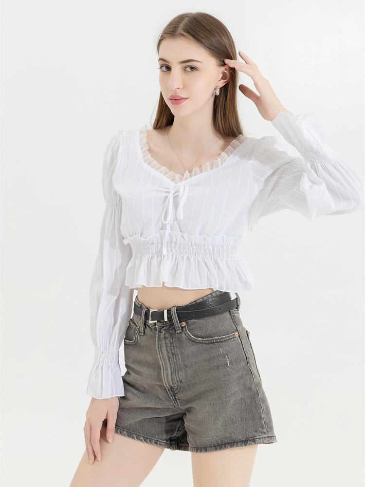 French Pleated Lantern Long Sleeve Shirt Women New Vintage White Square Collar Blouse Tops Female Korean Fashion Desidn Casual Clothing 2024